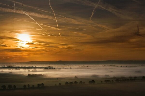 El valle está en la niebla. Puesta de sol, árboles en el campo