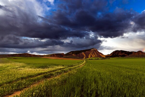 Grüne Feldlandschaft mit Straße vor dem Hintergrund niedriger Berge und düsterer Himmel