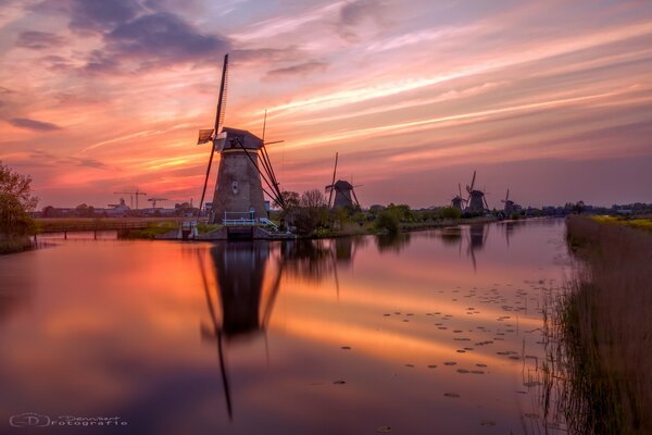 Windmühlen am Abend am Fluss