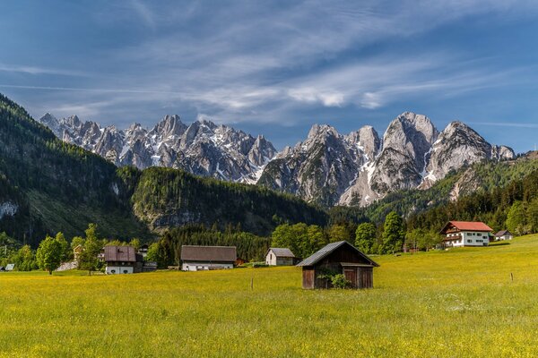 An Austrian village in a valley along the mountains