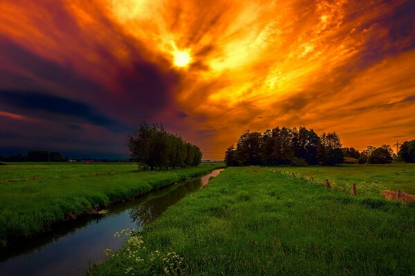 Schicker himmlischer Sonnenuntergang im Feld