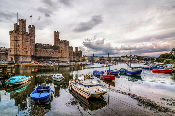 Boats in the harbour at Carnarvon Castle in Wales