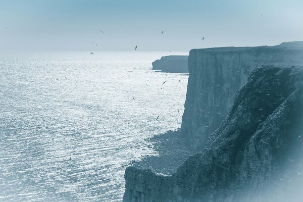 A steep cliff above the sparkling ocean