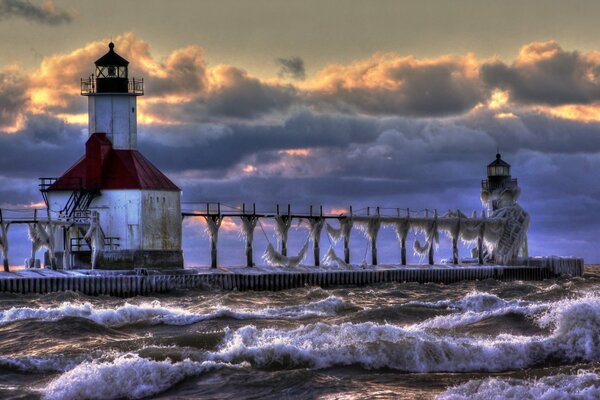 Lighthouse and Sea, storm clouds