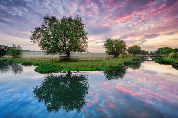 Sonnenaufgang am Fluss mit Brücke im Sommer