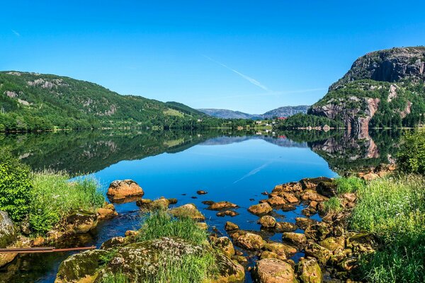 Błękitne jezioro wśród zielonych gór