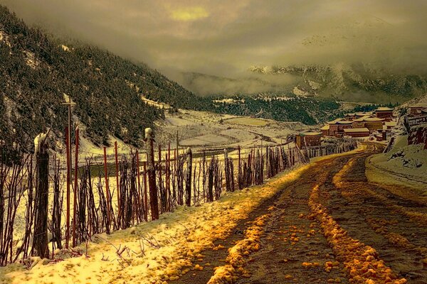 A road in Tibet. Chinese villages