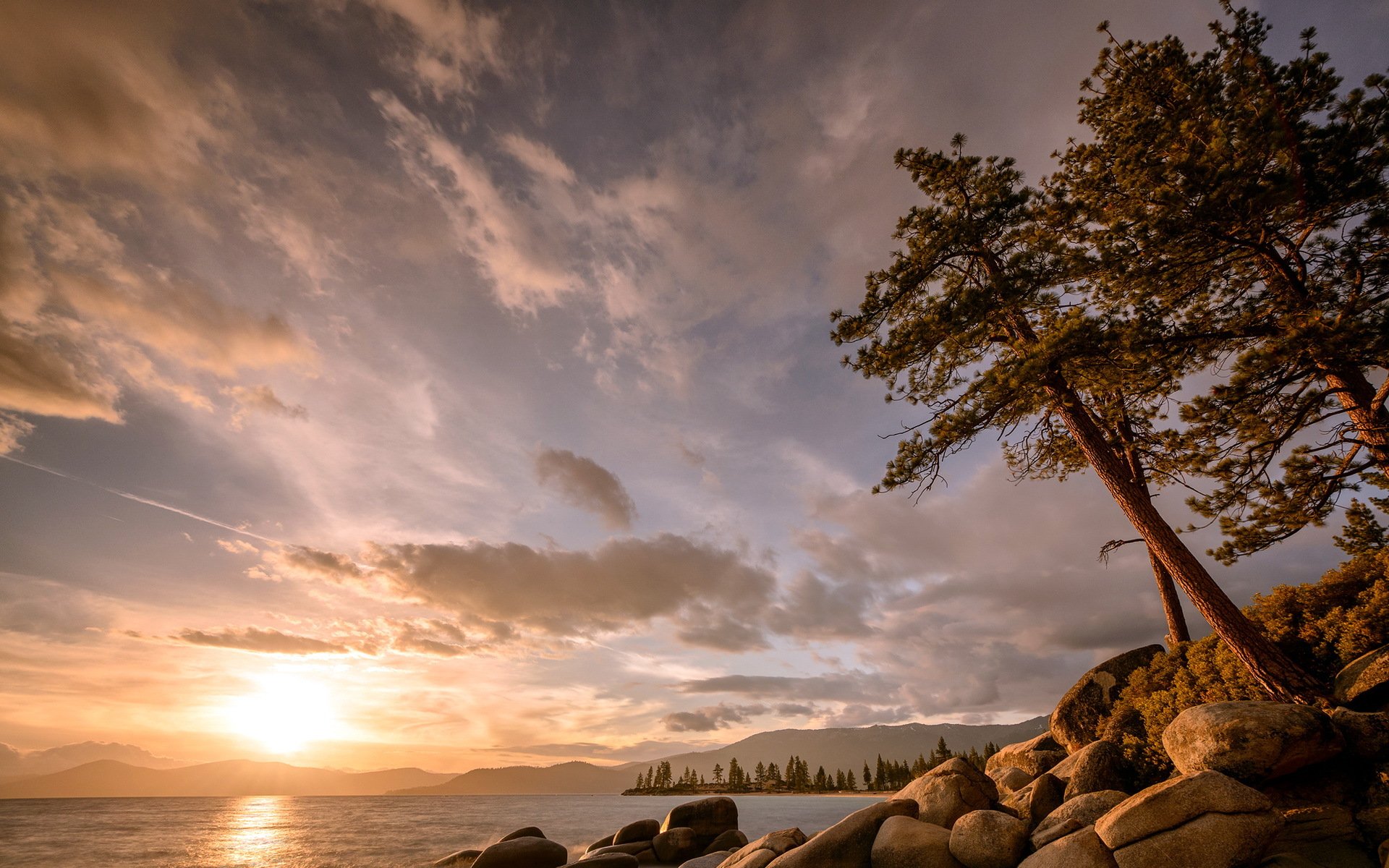 lac coucher de soleil arbre paysage