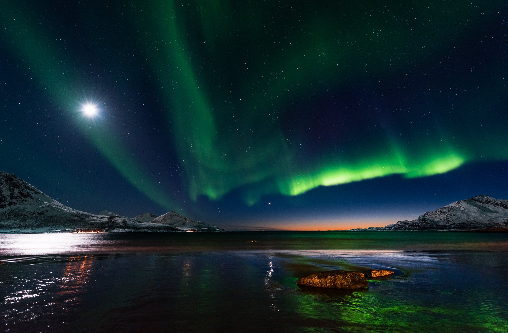 norway northern lights night star tree water