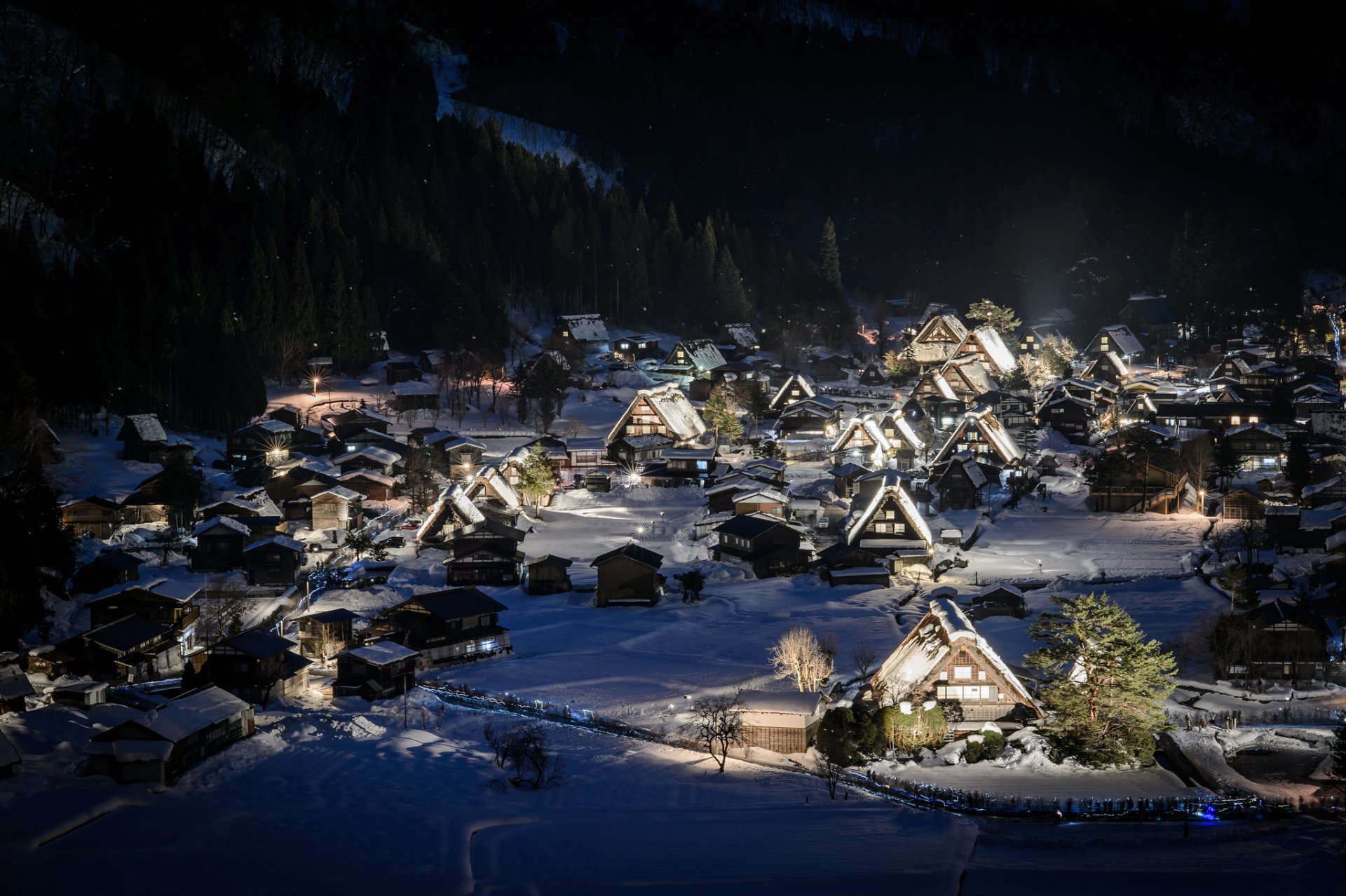 winter snow mountain town house forest night holiday