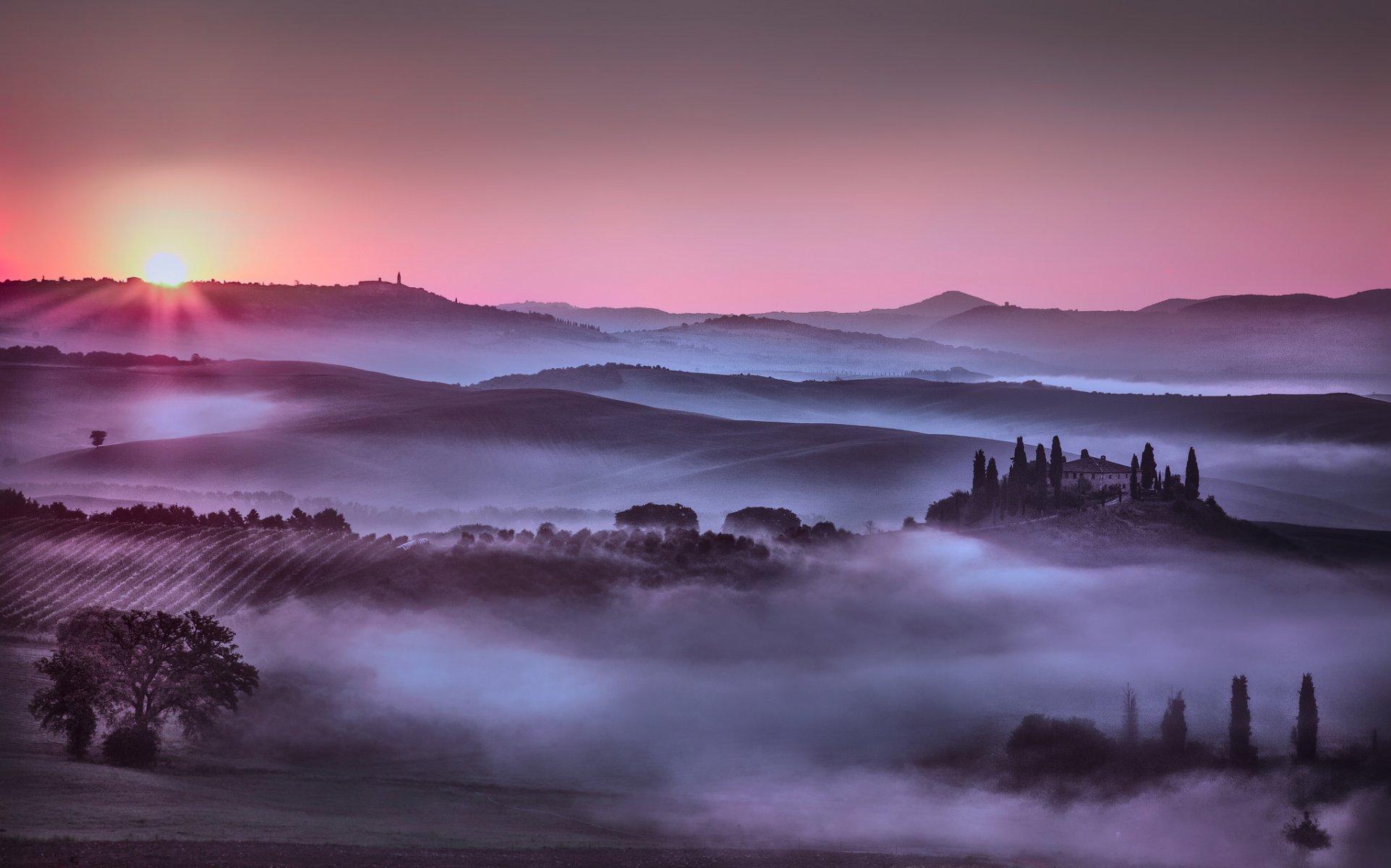 italy hills sky sun fog tree of the field house