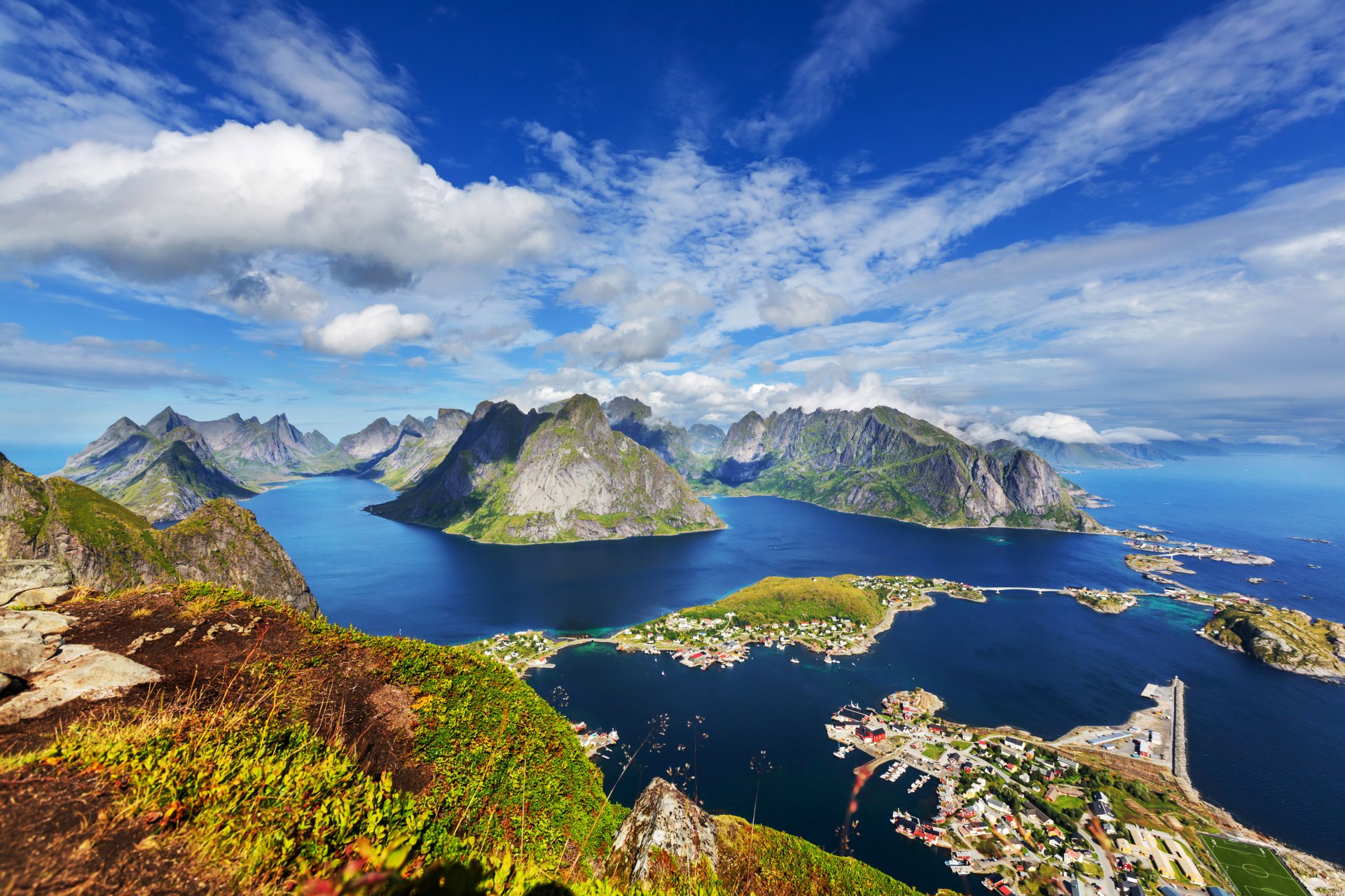 norway lofoten lofoten islands islands sea coast mountains clouds houses panorama top view