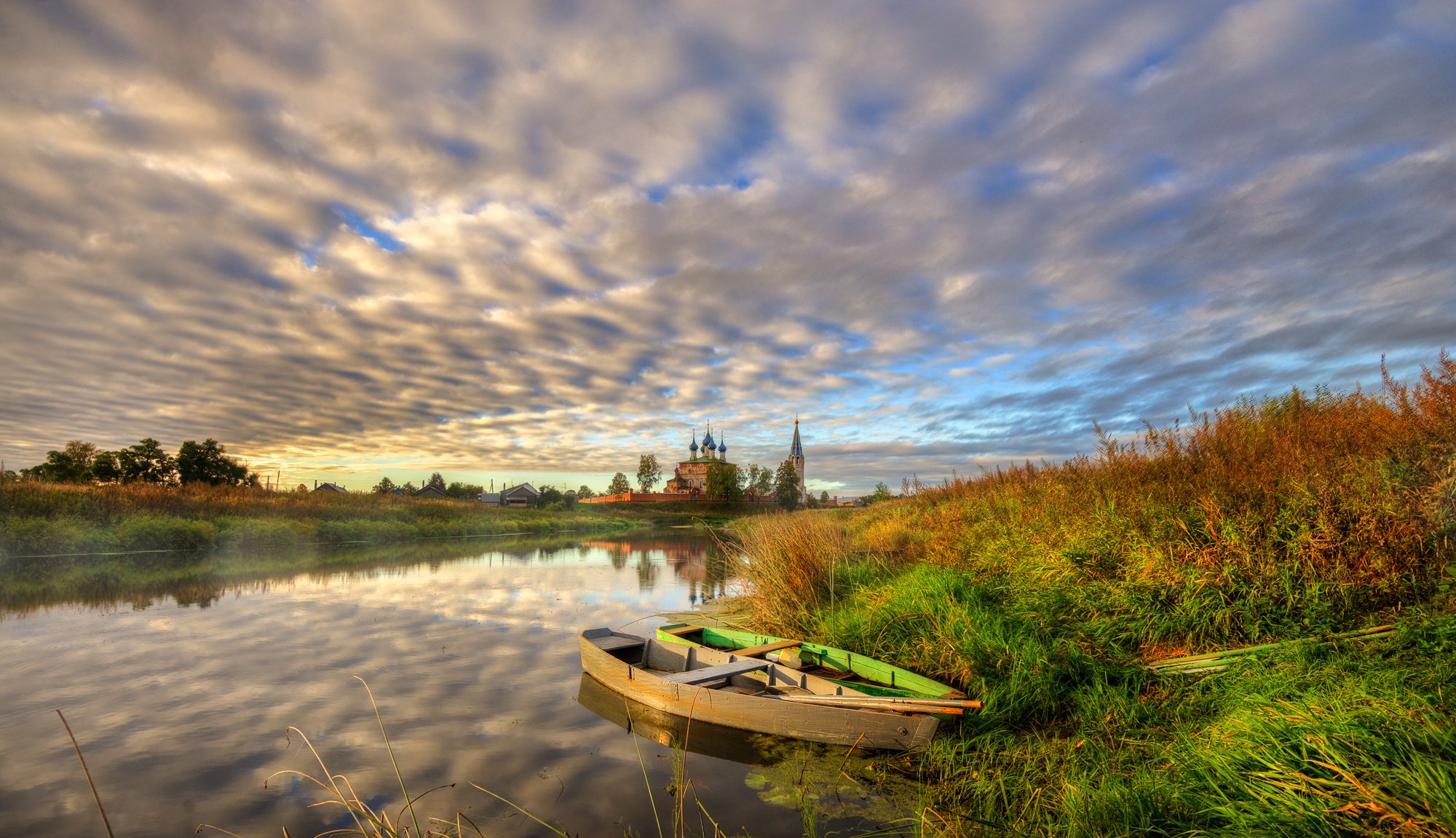 the village church river beach grass boat night sunset autumn