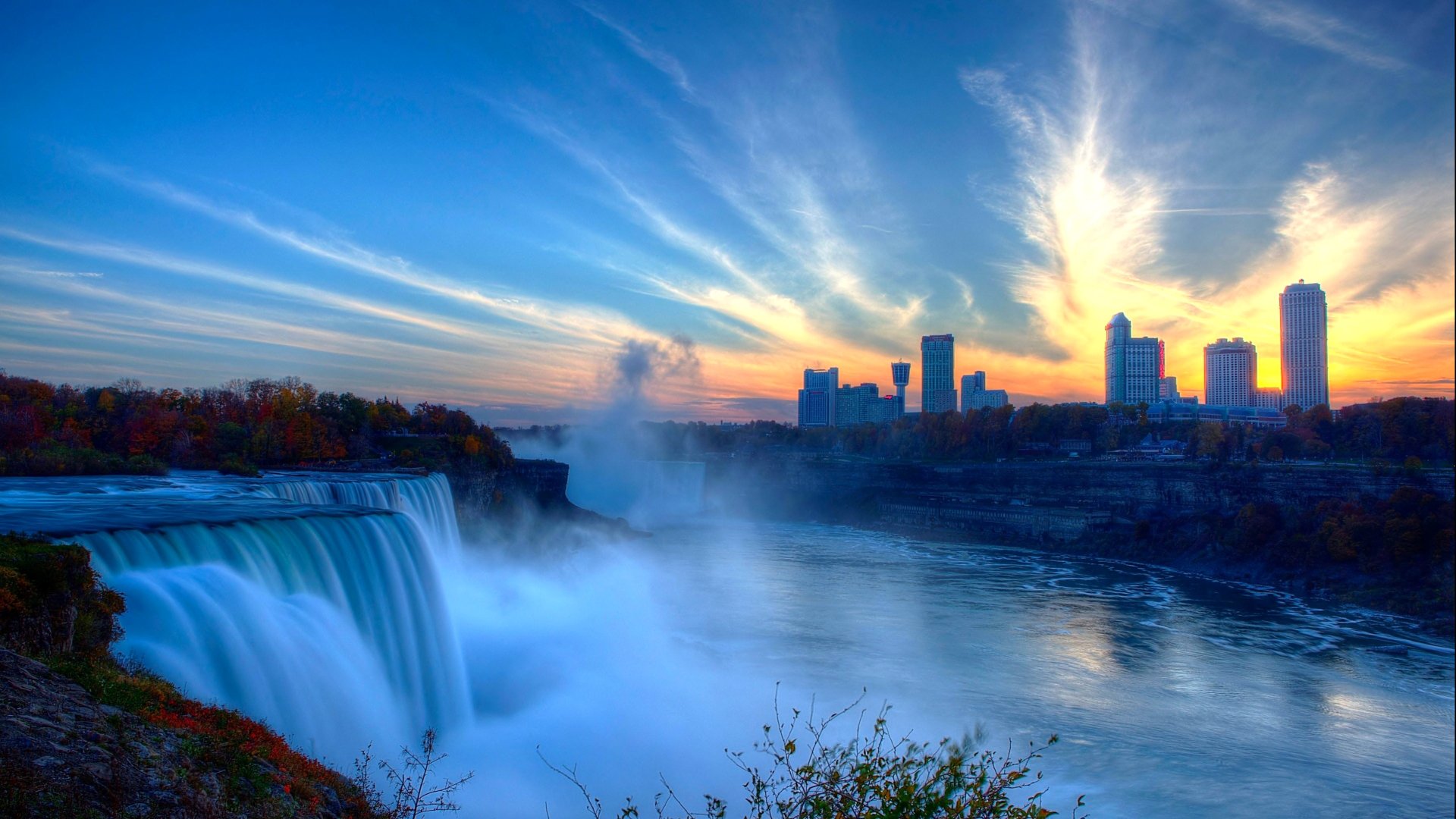 cataratas del niágara cielo casas río puesta de sol salpicaduras