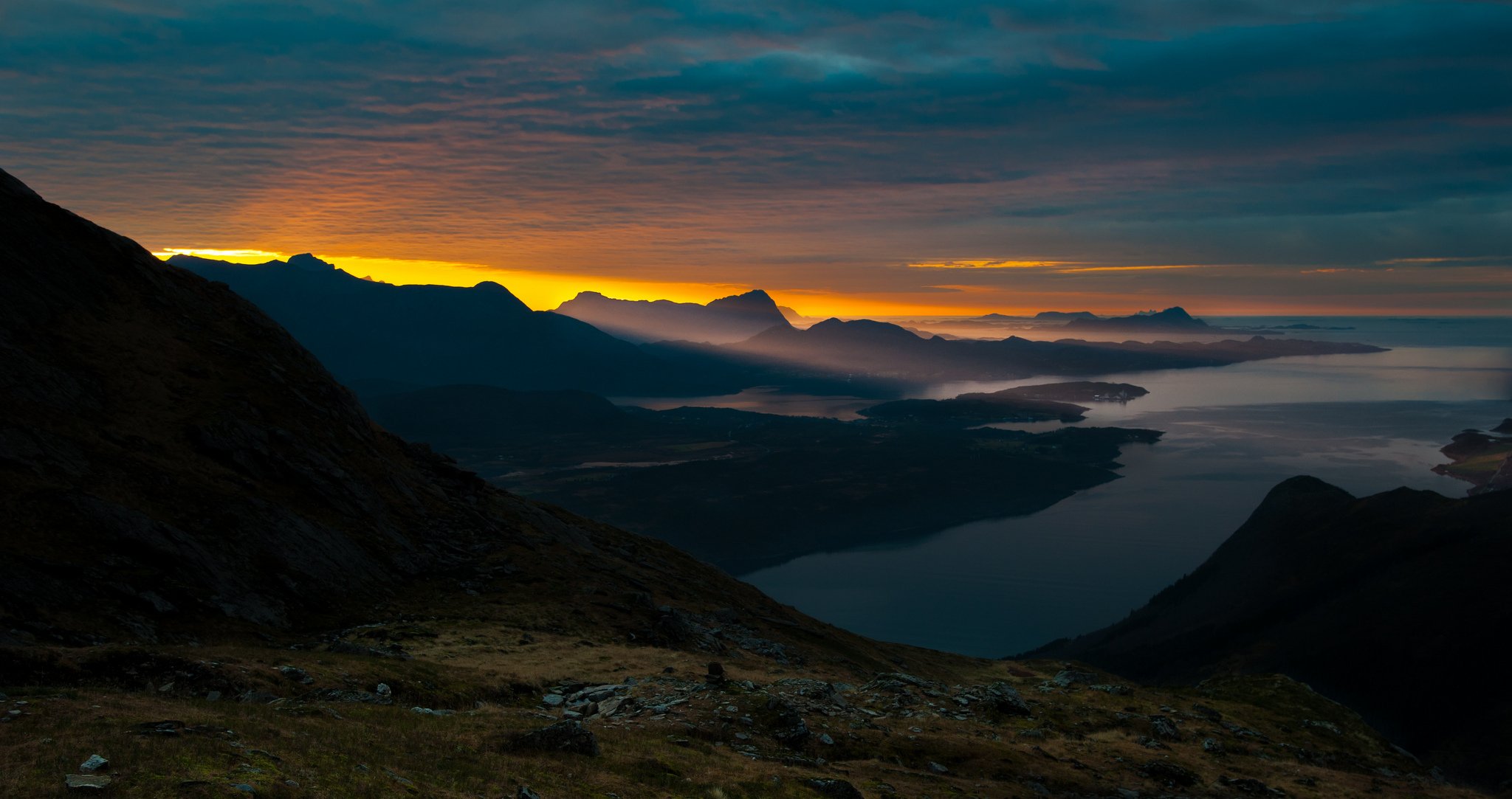 natur berge meer dämmerung bucht