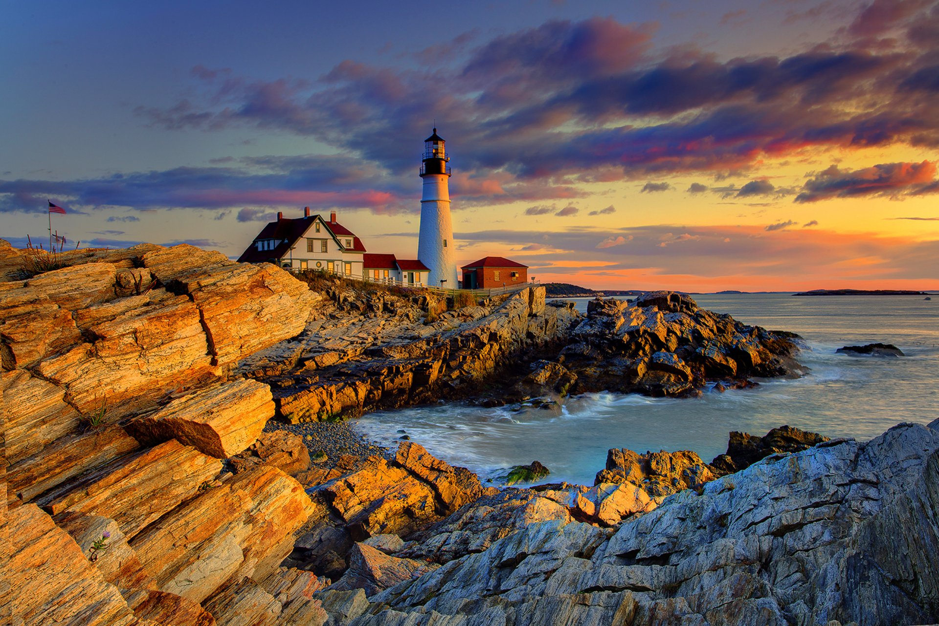 portland usa leuchtturm felsen himmel wolken sonnenuntergang abend haus steine