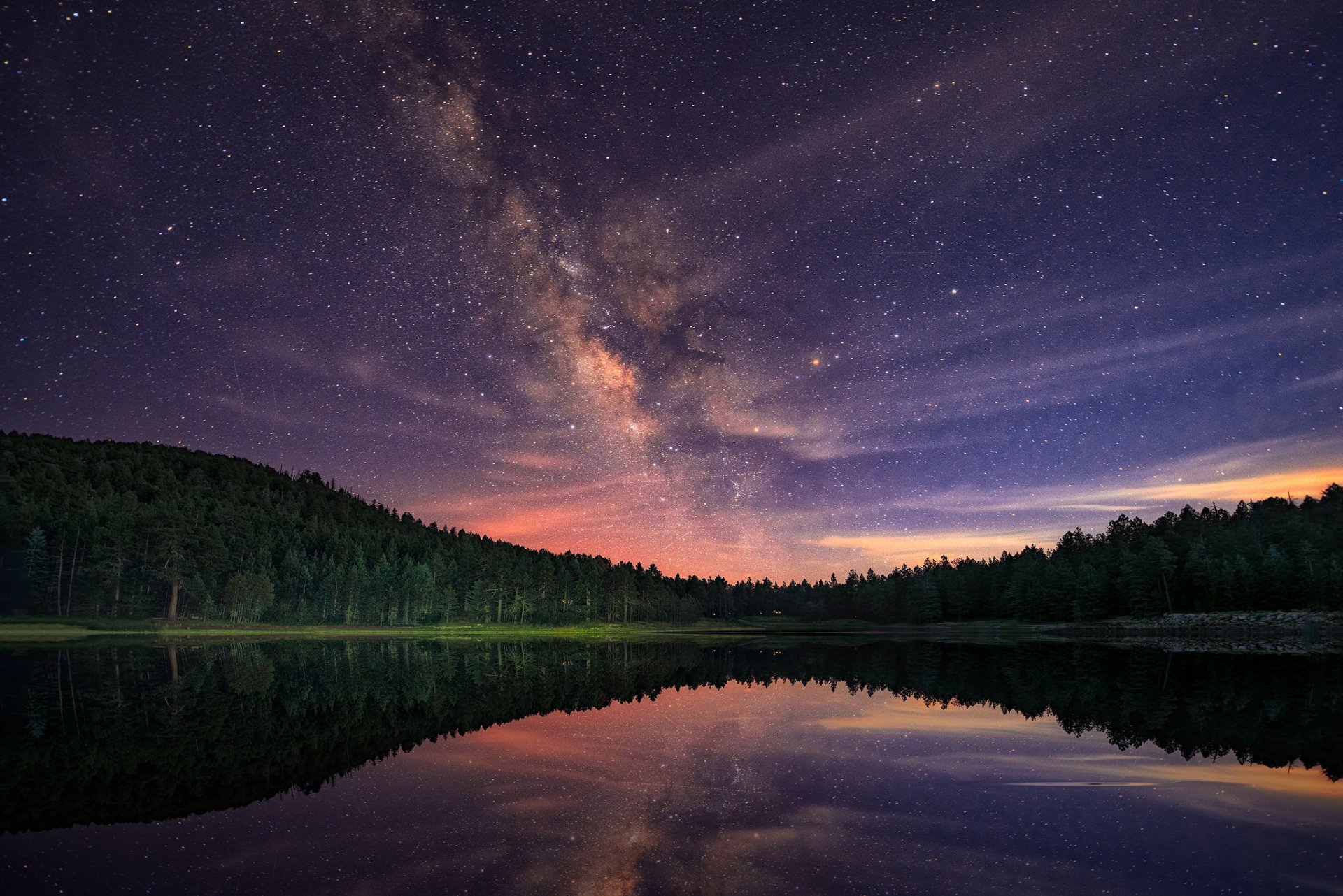 milky way night lake star forest