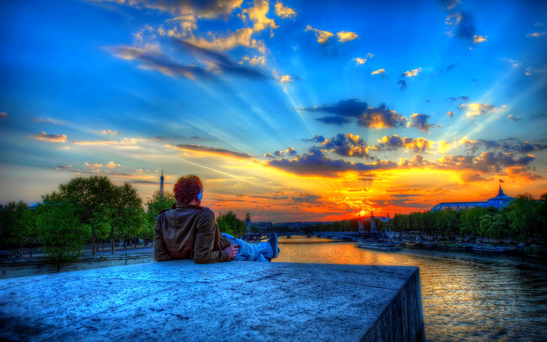 parís ciudad cielo nubes puesta de sol kexb. río heno árboles piedra hombre hombre torre hdr