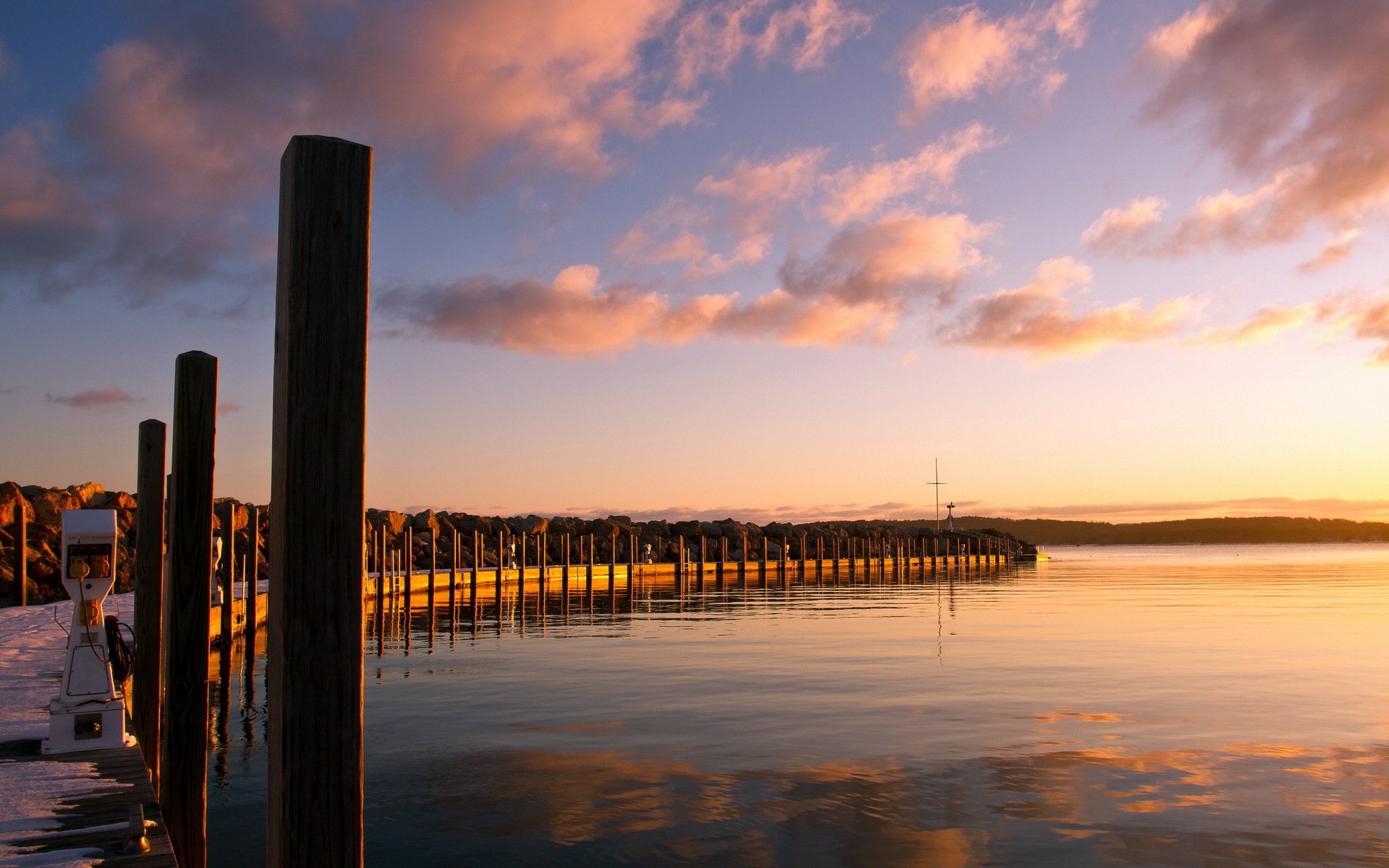 unset lake pier landscape