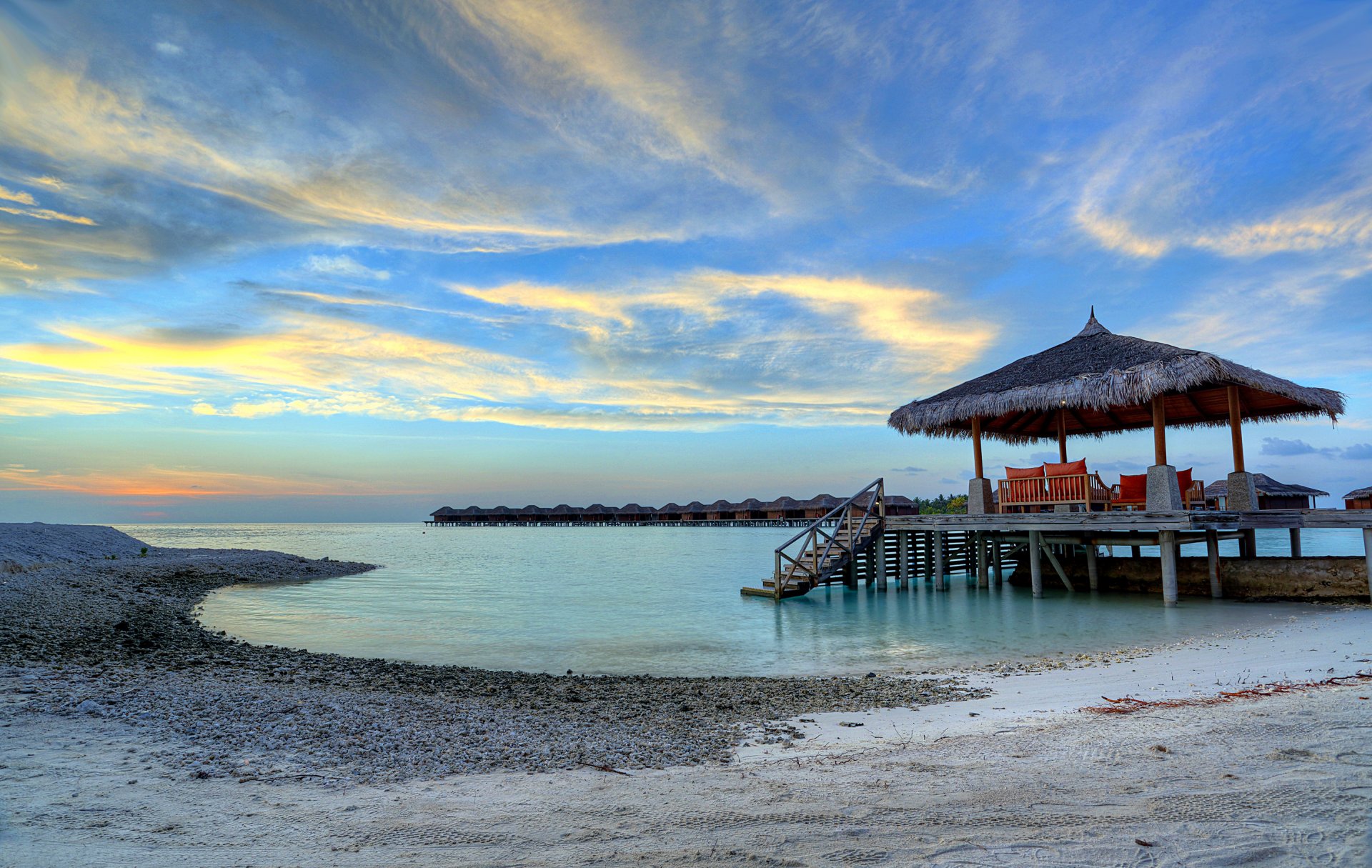 himmel meer abend bungalow malediven wolken küste sand steine sonnenuntergang