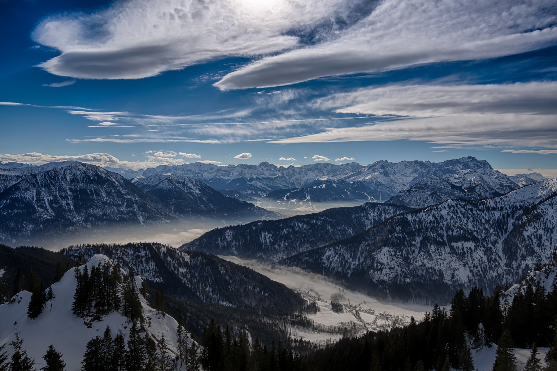 cielo nubes montañas valle invierno árboles nieve naturaleza