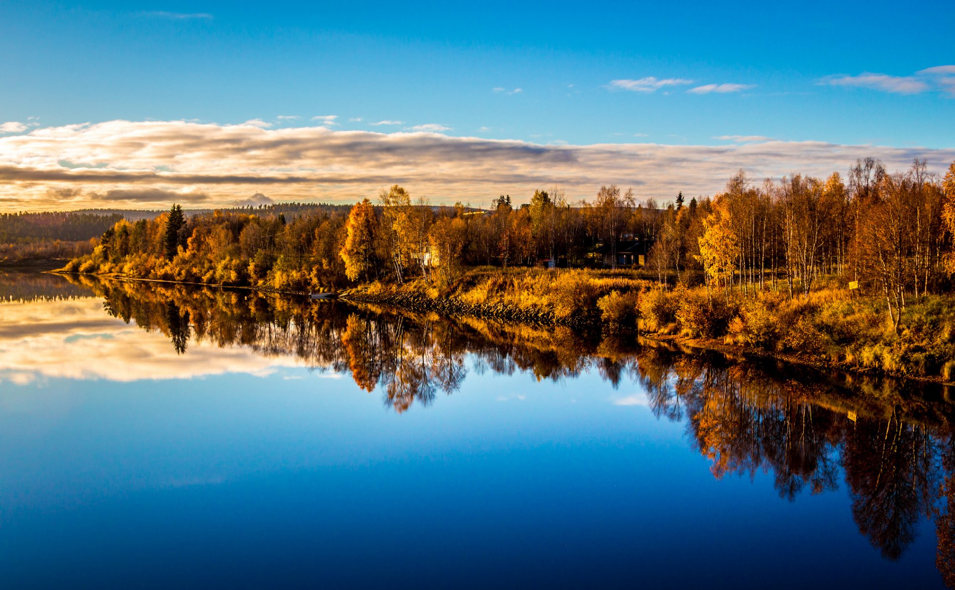 cielo nubes lago reflexión bosque casa otoño