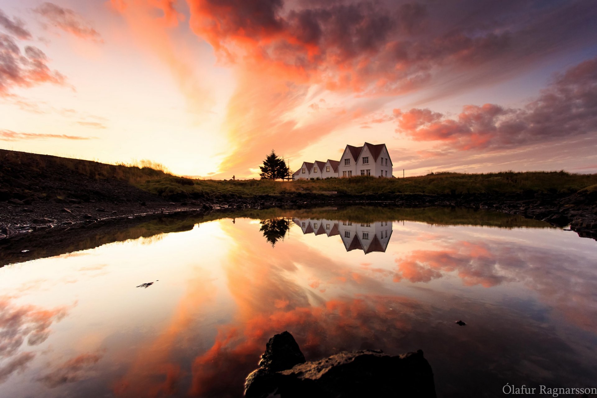 iceland house night sunset clouds water reflection