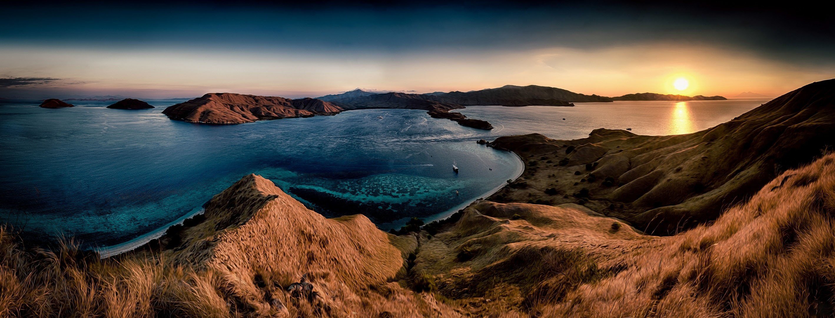 hills grass sea sunset