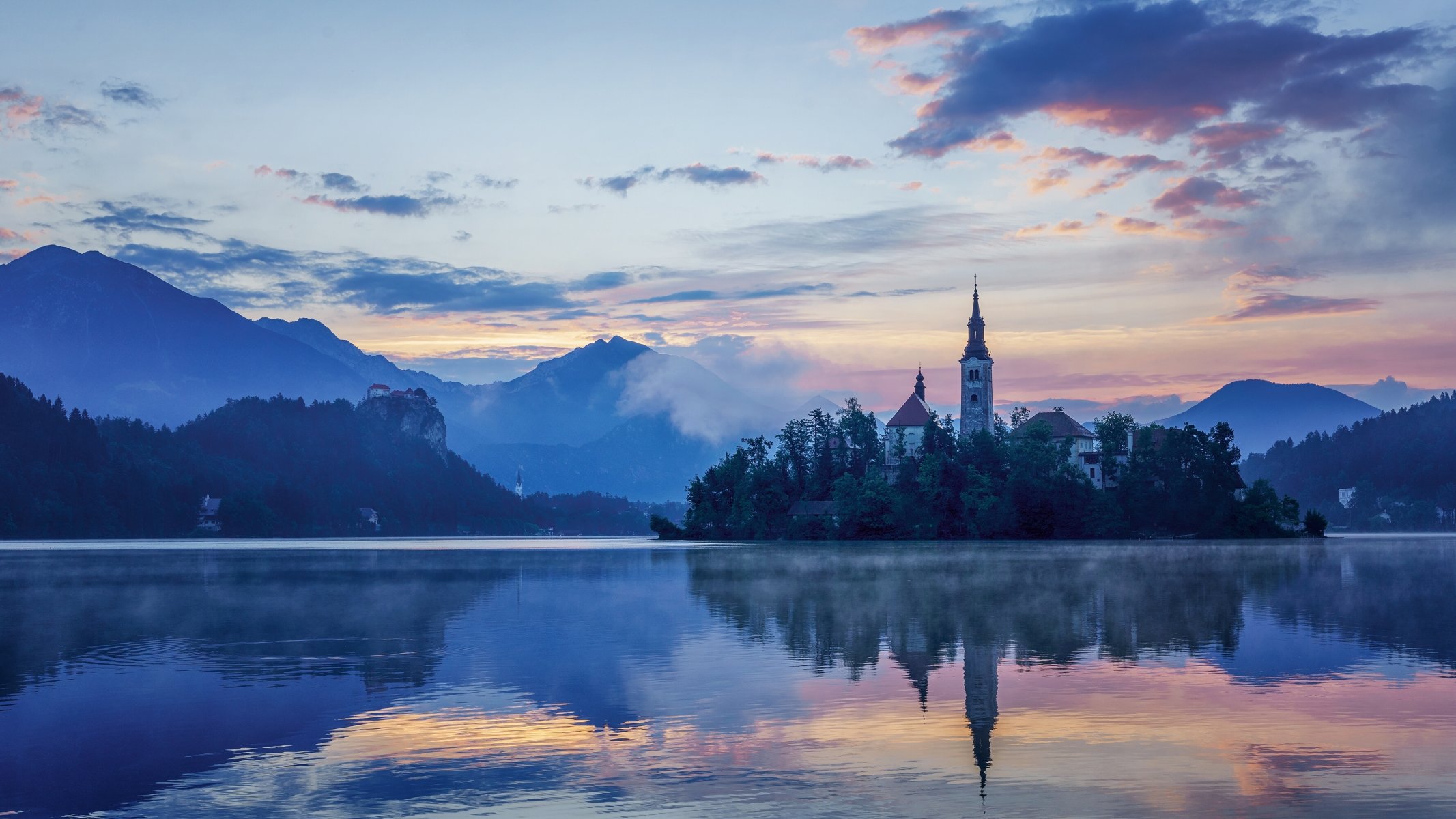 lake bled slovenia lake bled mariinsky church mountains island lake church reflection