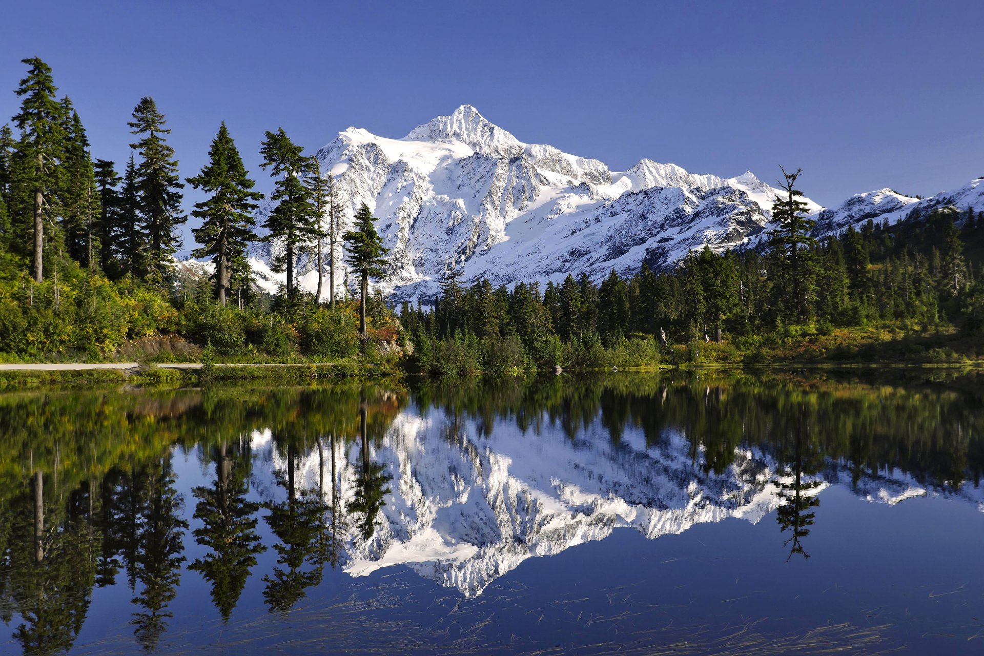 himmel berge see bäume schnee wald fichte reflexion