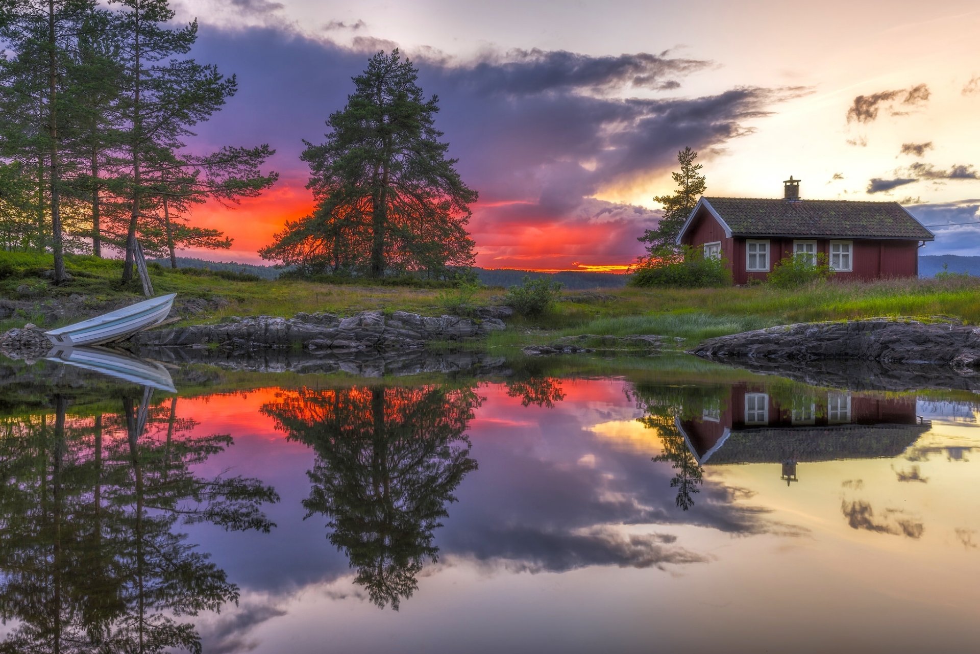 ringerike norway lake sunset house reflection boat tree