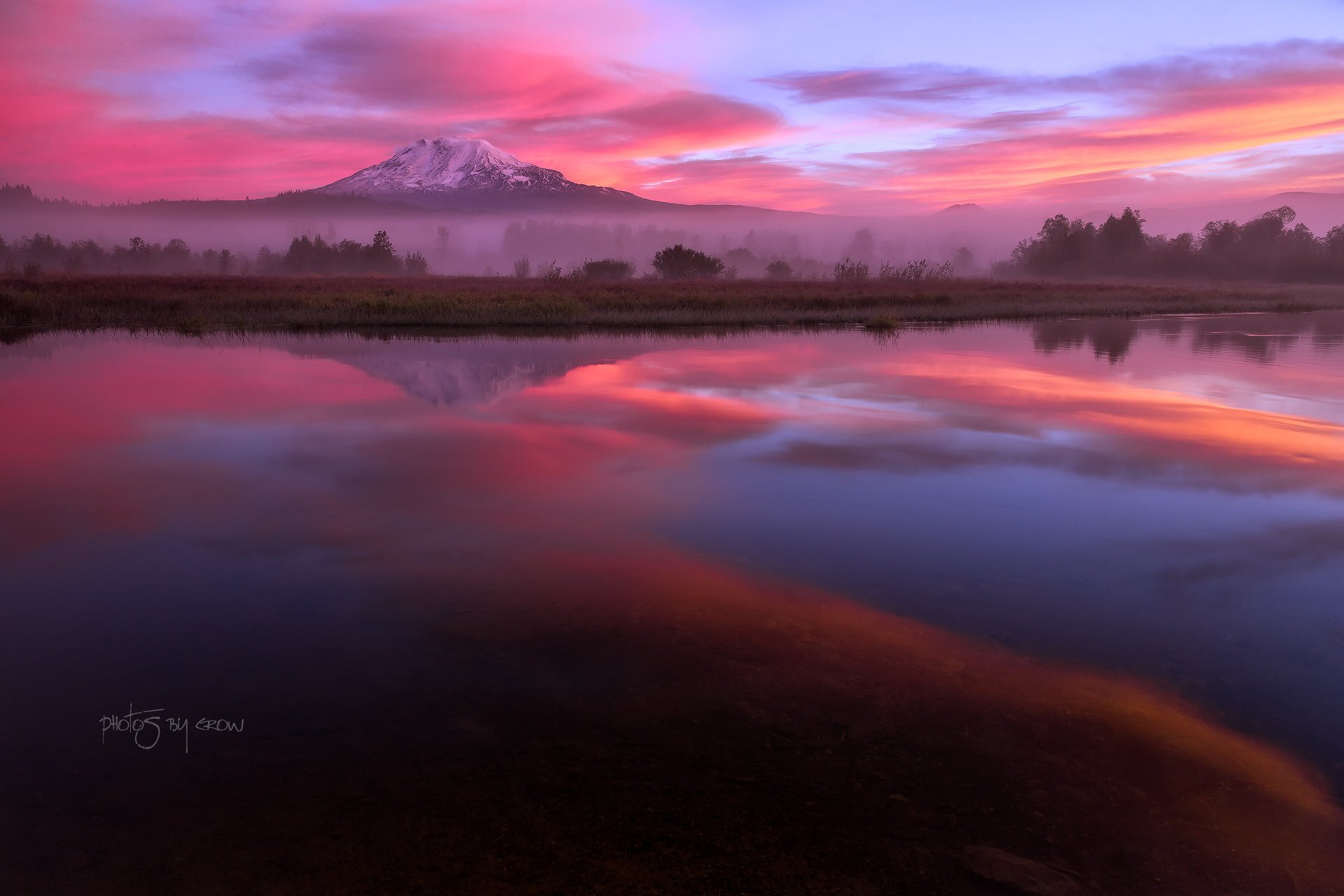 estados unidos estado de washington volcán adams montaña pakhto otoño mañana lago nubes reflexiones