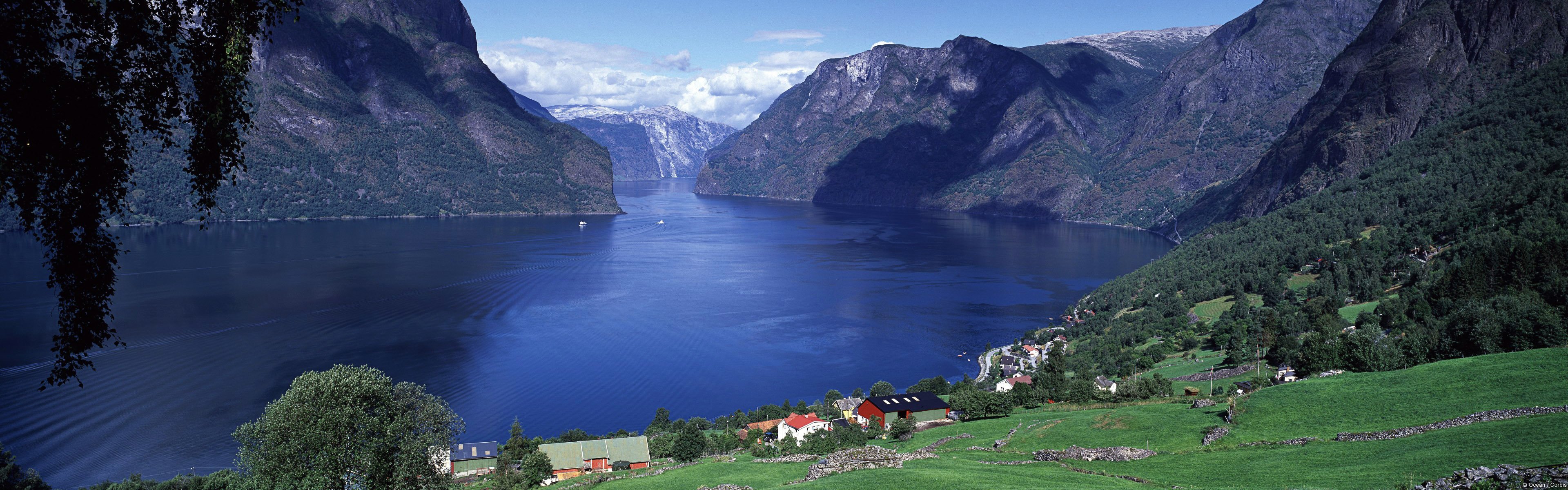 eurlannfjord norwegen fjorde berge küste häuser bäume felder panorama