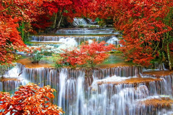 Colorful landscape autumn waterfall