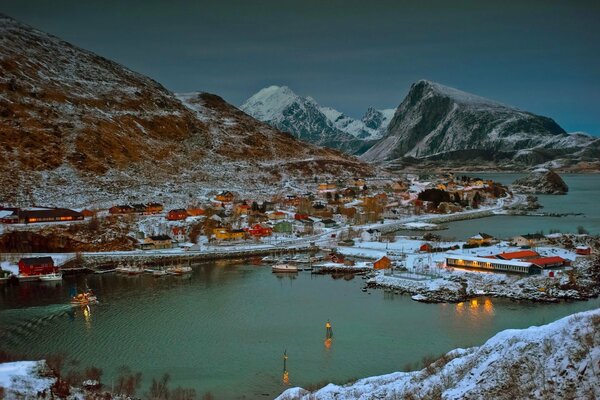 View of the bay surrounded by fjords in Norway