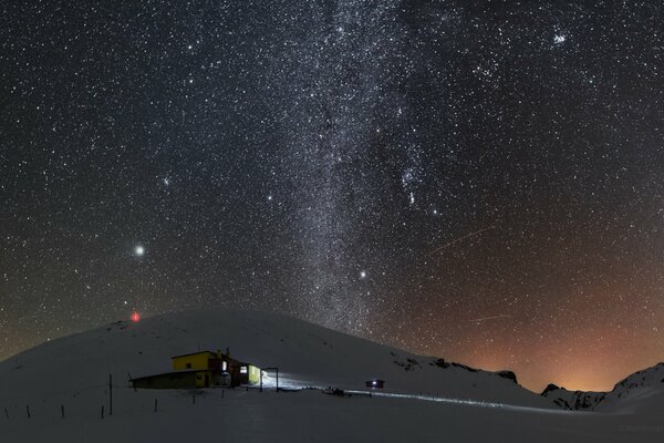 The sky above the weather station at night in winter