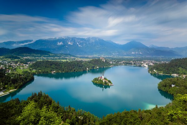 The beautiful lake is surrounded by forest