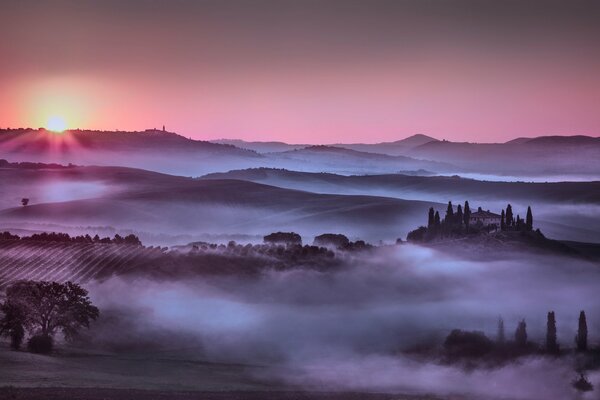 Fog in Italy sun field at home