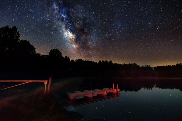 Réflexion des étoiles dans le lac au fond de la nuit