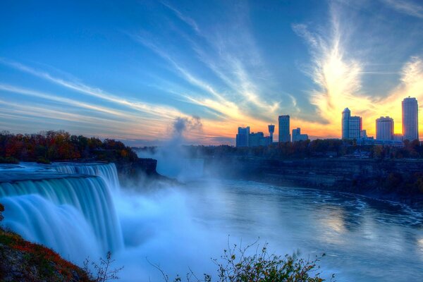 Waterfall splashes near the city