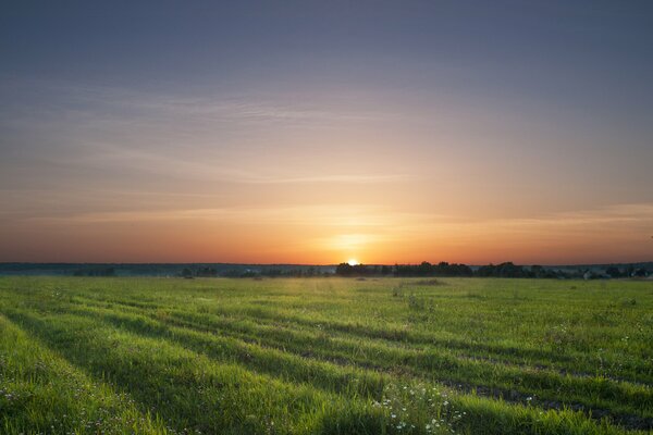 Die Arbeit ist vorbei, das Feld ist geleert Die Sonne ist über den Horizont gegangen