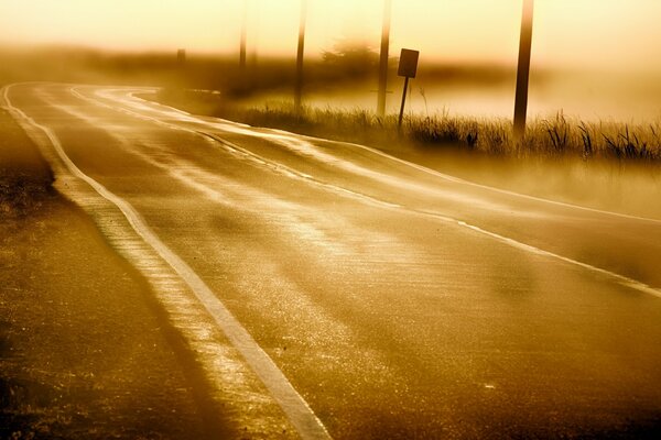 Die Straße entlang der Felder im Morgennebel