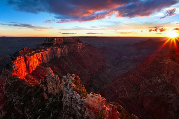 Stunning fiery sunset in the mountains