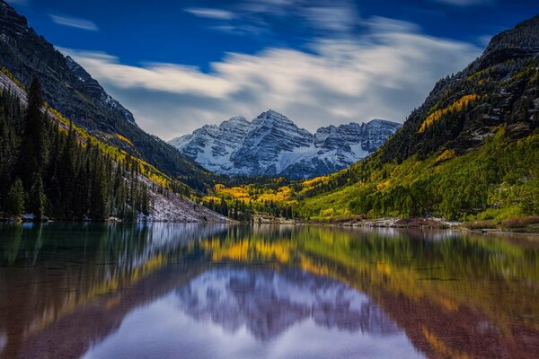 Paesaggio. Lago di montagna con riflessione della foresta