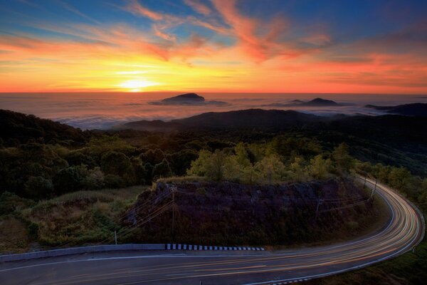 Tramonto su una lunga strada e foresta