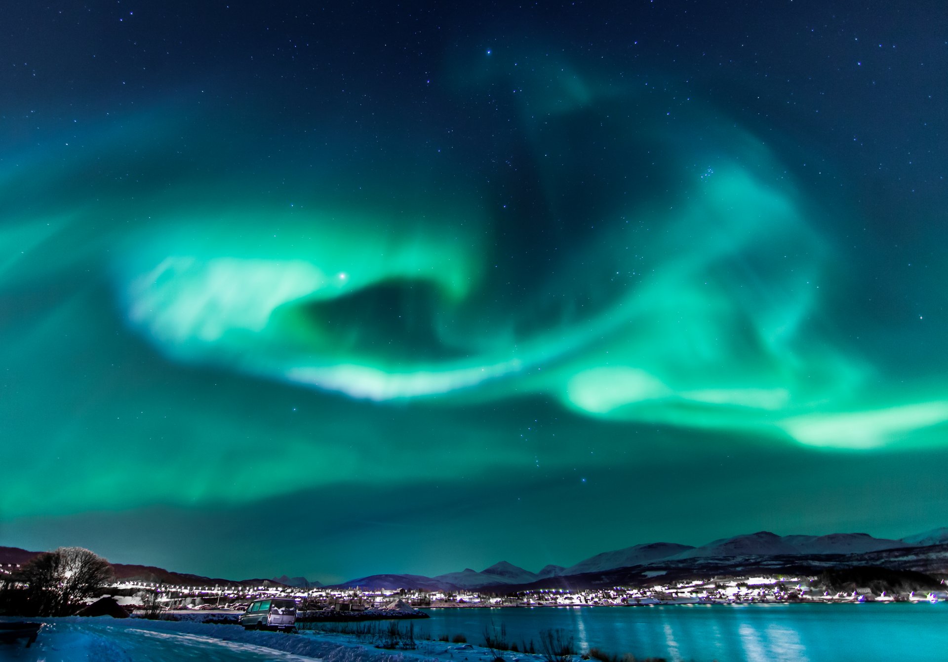 norway northern lights night sky light star town