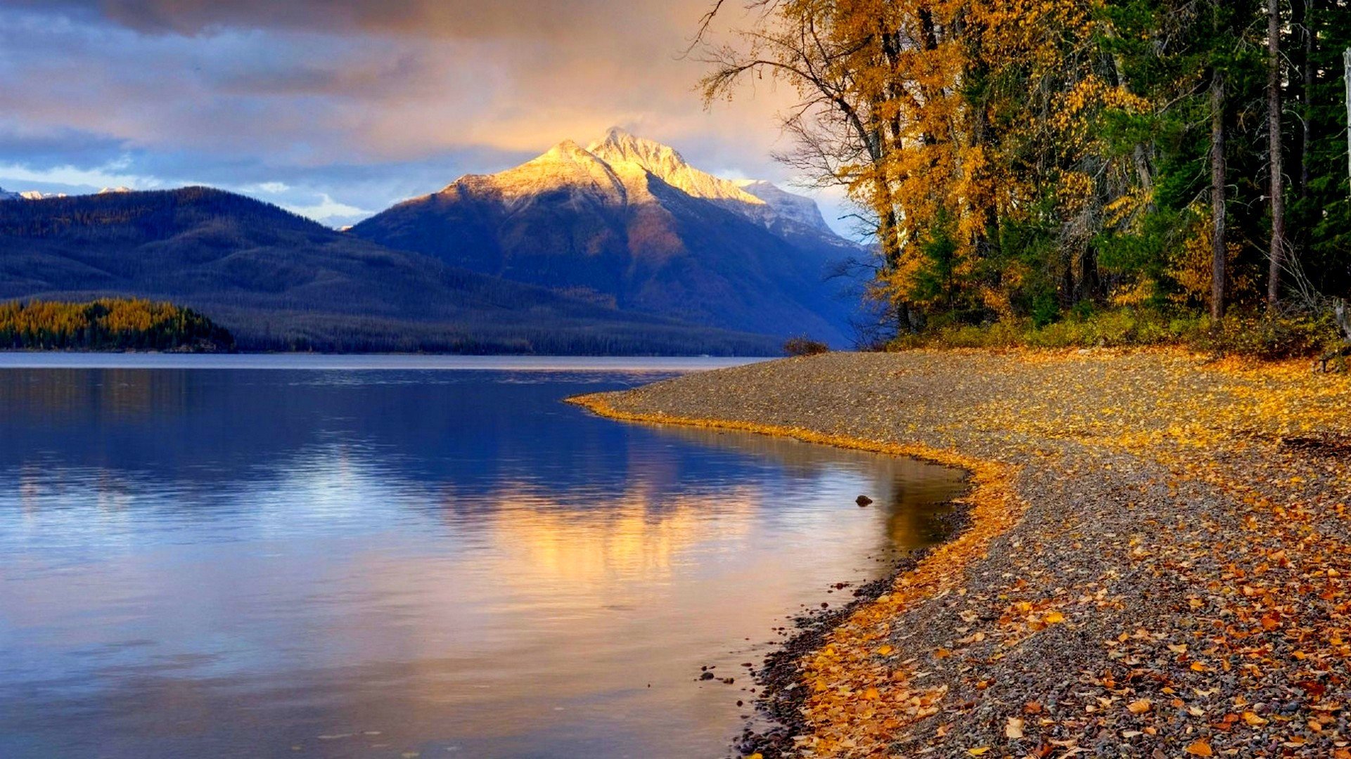 nature mountains sky clouds snow river water forest park trees leaves colorful road autumn fall colors walk