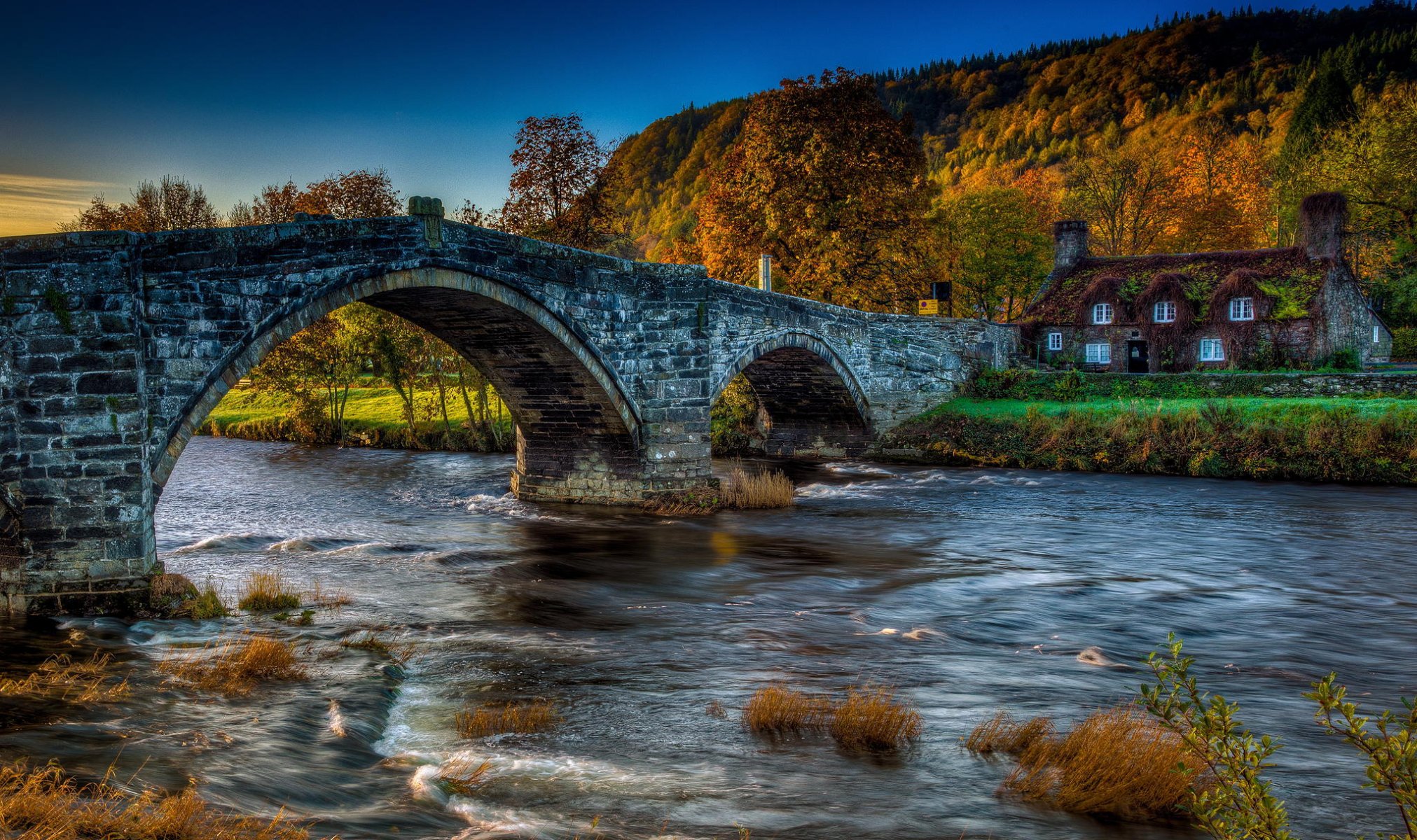 naturaleza casa puente río otoño bosque