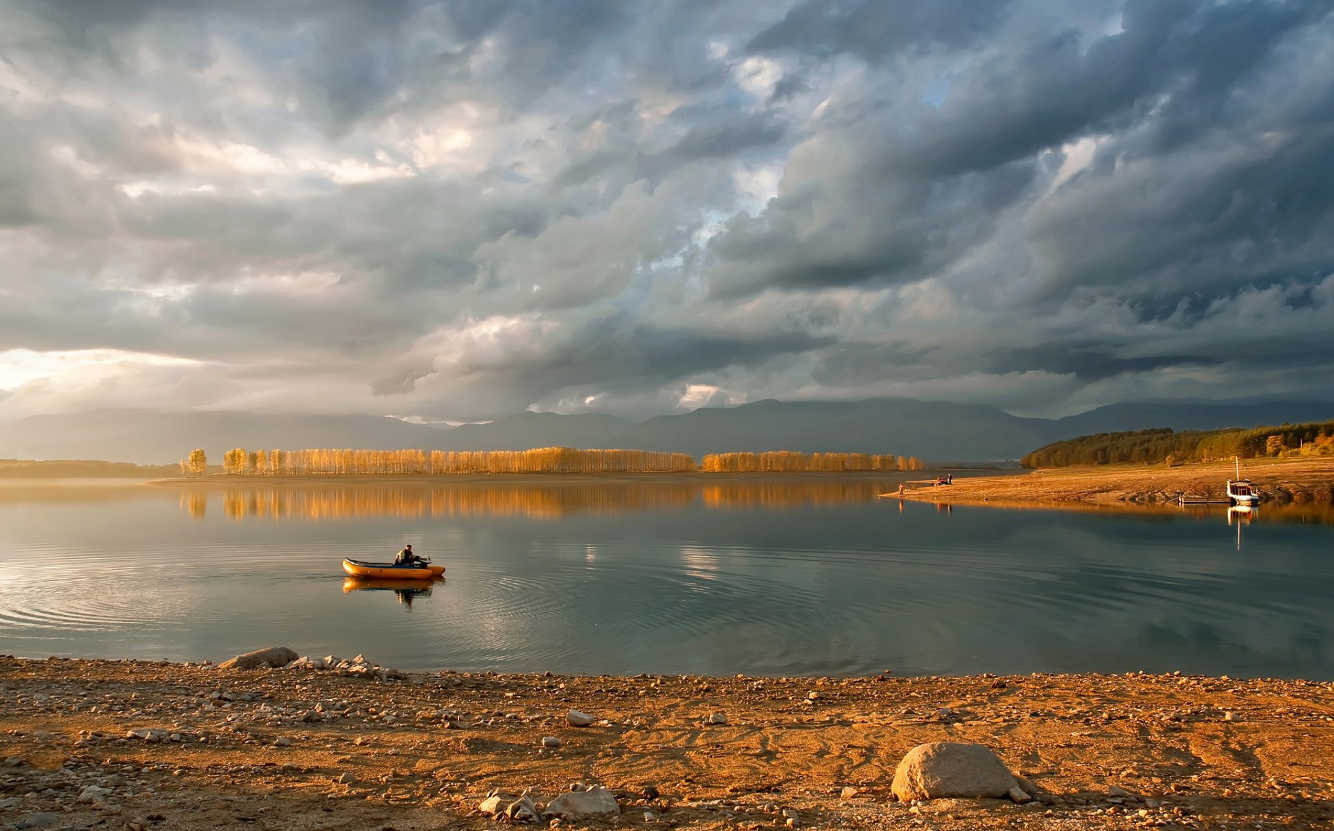 mountain forest lake boat morning