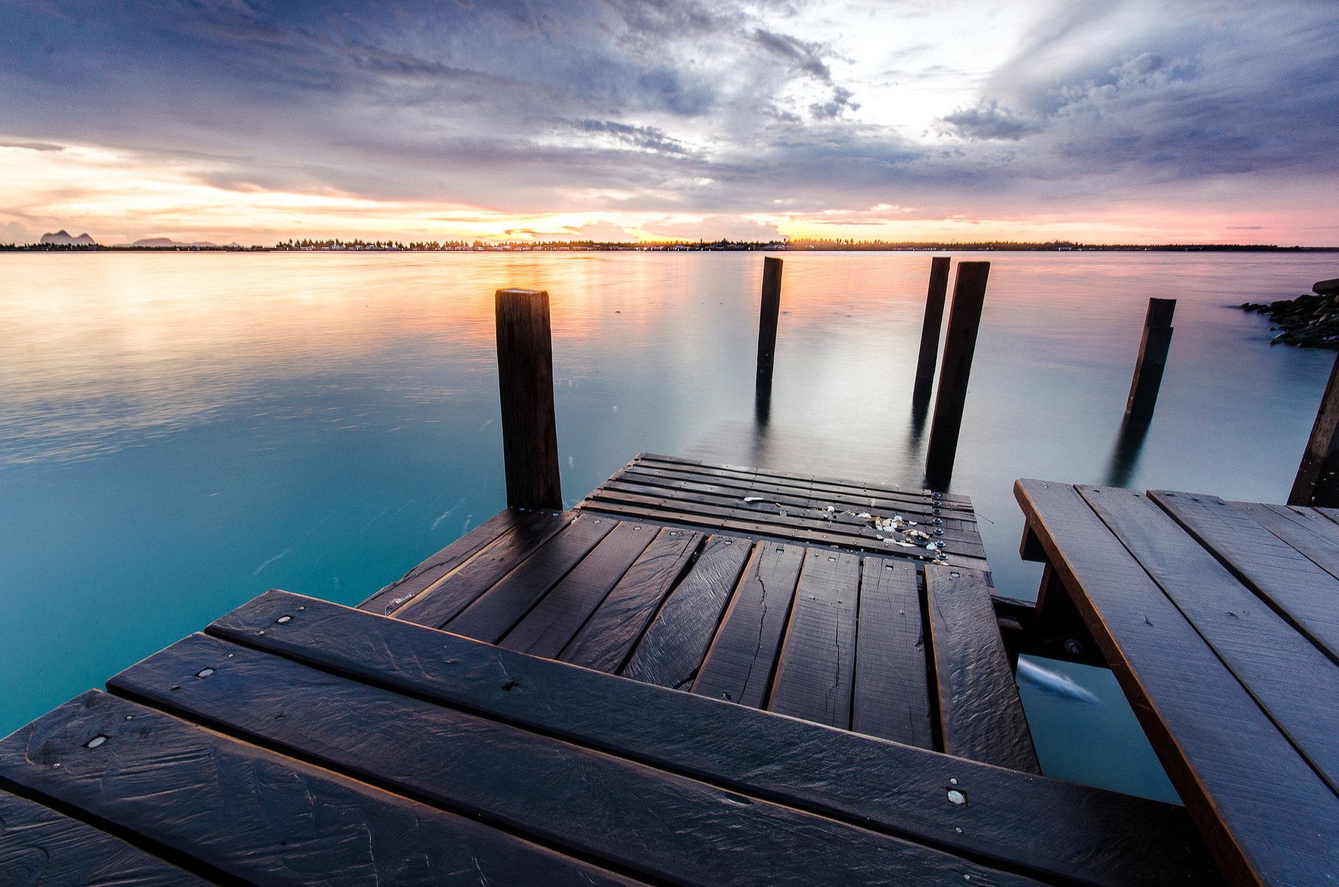 unset lake bridge landscape